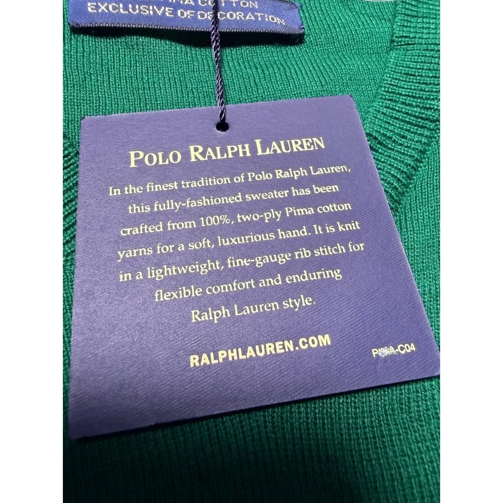 NWT Polo Ralph Lauren Mens Pima Cotton V-Neck Sweater Emerald Green Small